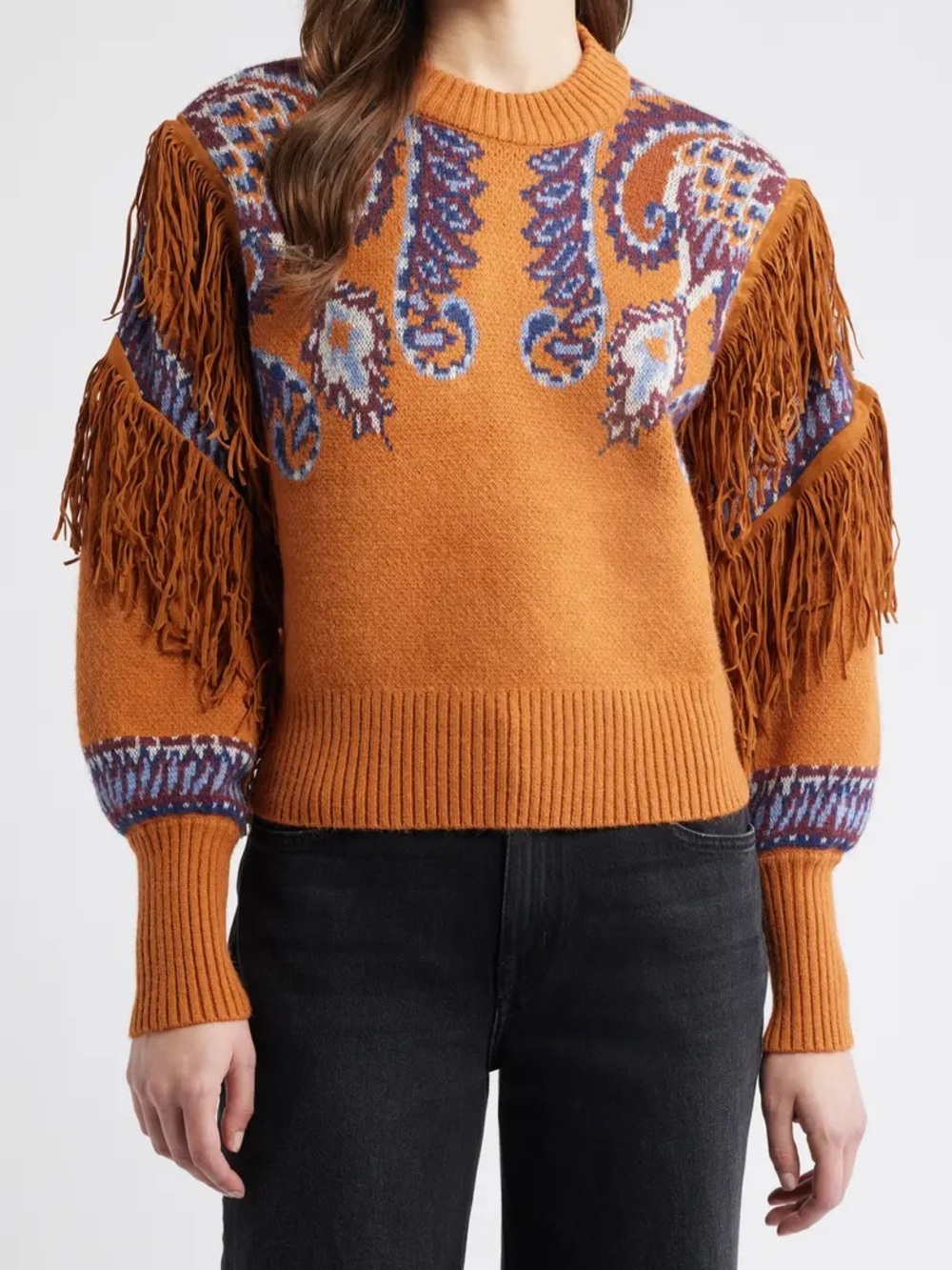 FARM Rio Arabesque Scarf Fringe Knit Sweater